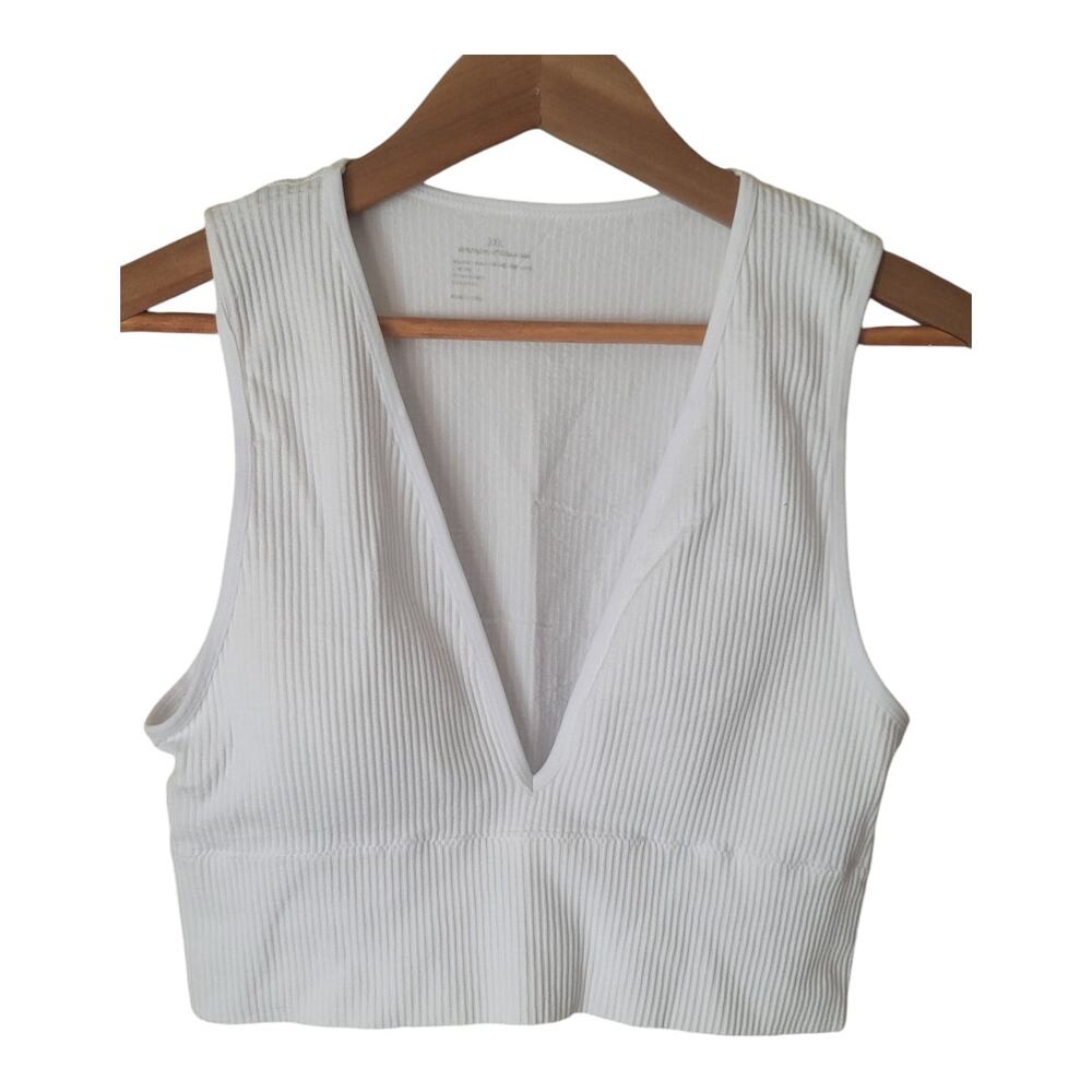 Women's Stretch White Tank Seamless Ribbed Crop Top Deep V-Neck Chest‎ Size 30"